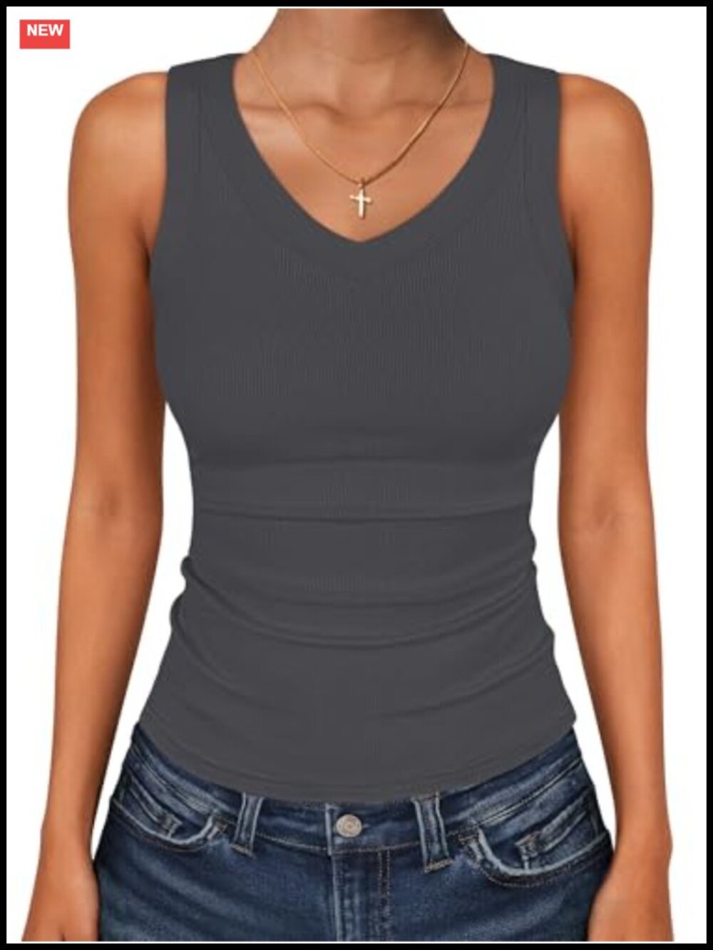 Women's V-Neck Sleeveless Ribbed Knit Tank Top Summer Casual